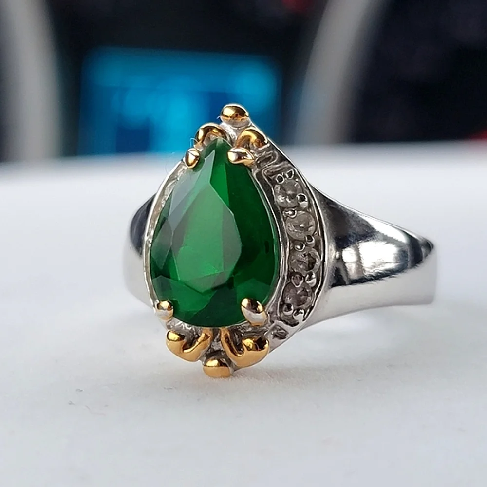 Emerald Teardrop Silver Ring Simulated Diamond Gemstone Gold Tone Accent sz 12